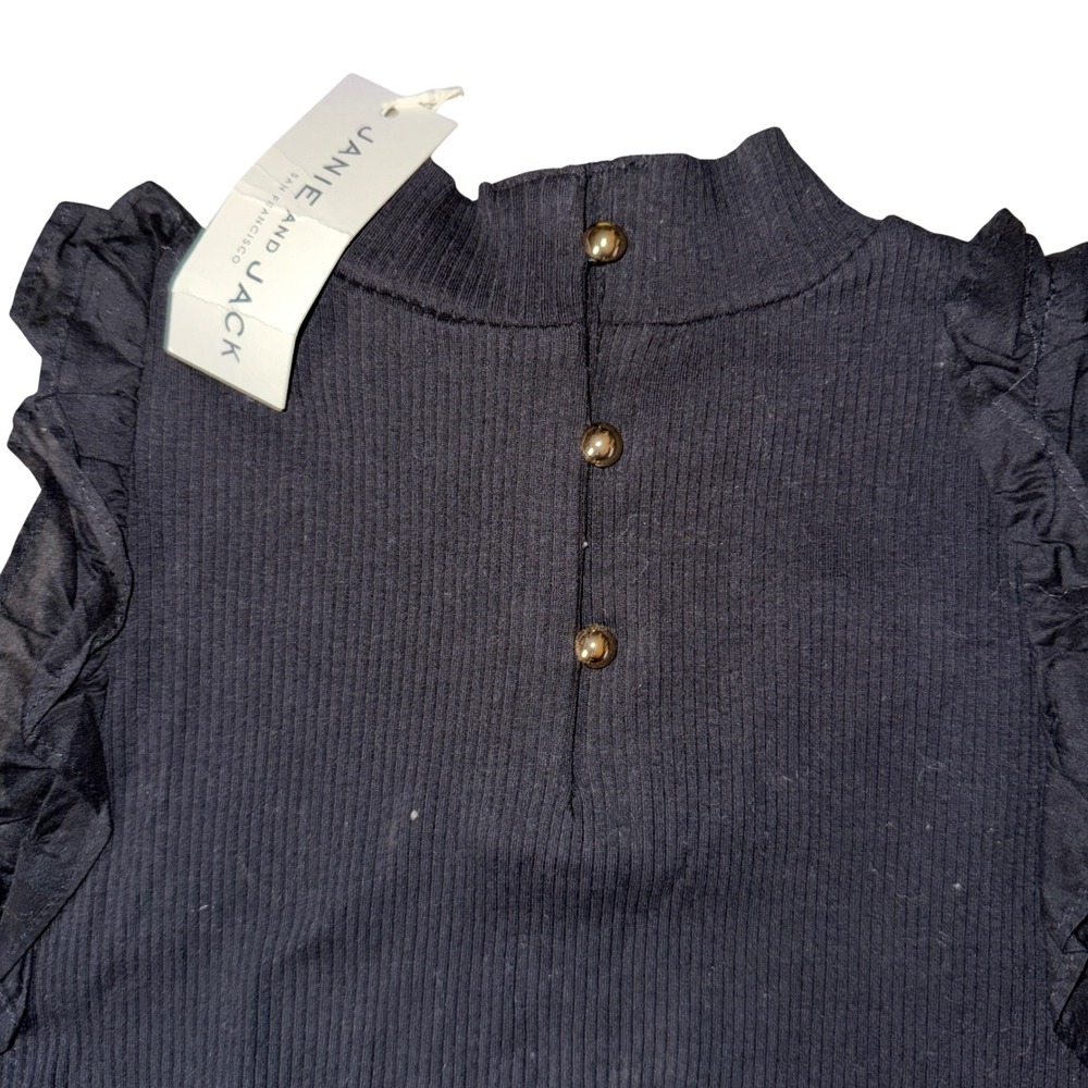 Janie and Jack Sleeveless Top size 10 Black Ruffle Mock Neck Gold Button‎ Ribbed - Picture 4 of 6